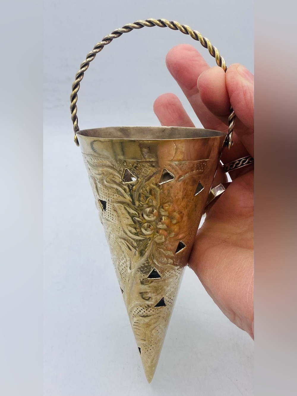 Vintage Silver-Plate Tussie Mussie Hanging Cone Shape Bouquet Flower Holder